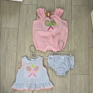 3-6 month Bundle- Pink romper and Blue Striped baby tennis Outfit Set. NWT
